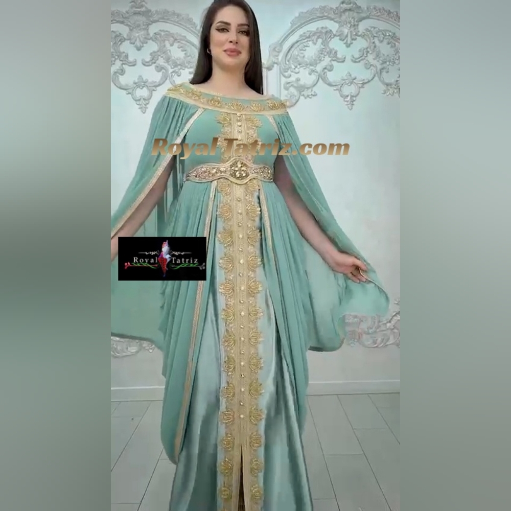 Kaftan, Royal Kaftan Fancy  Turquoise With Golden Beads Embroidery 💚
